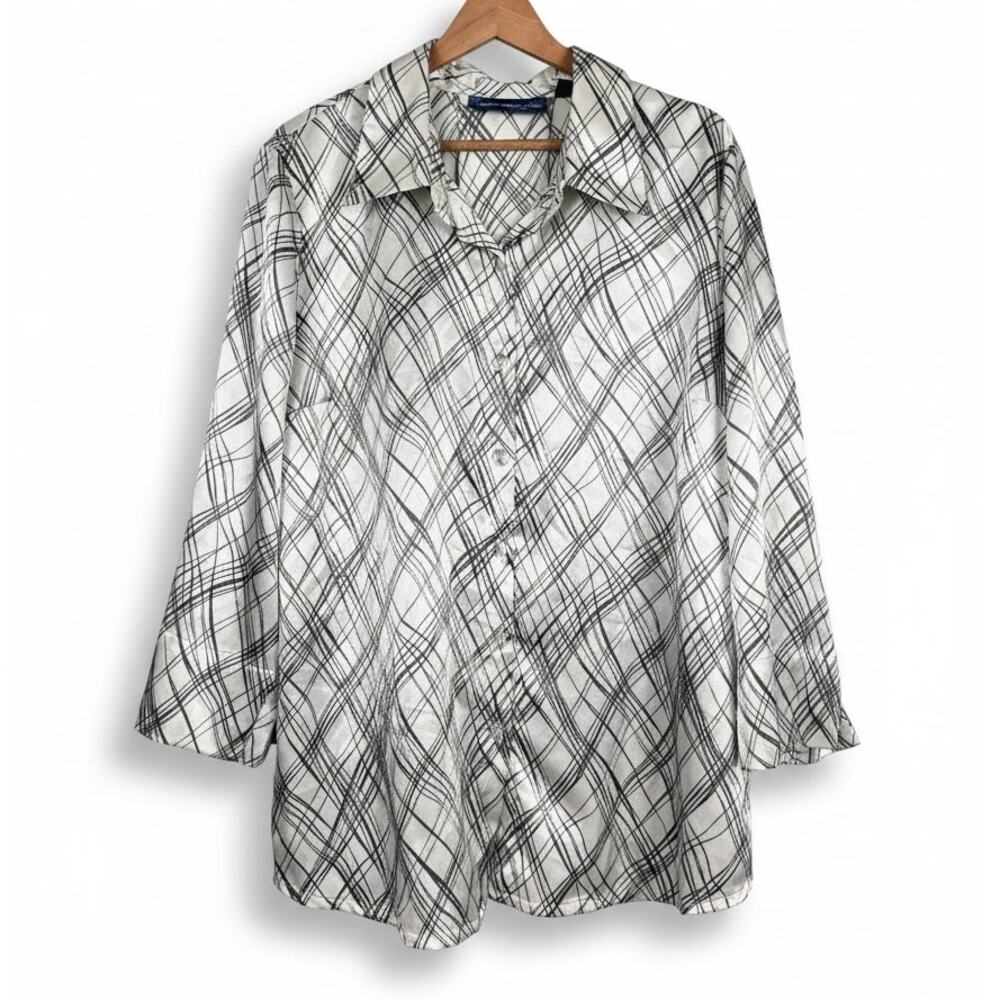 Susan Graver Womens 1X Art to Wear‎ Abstract Plaid Satin Button Up Tunic Blouse